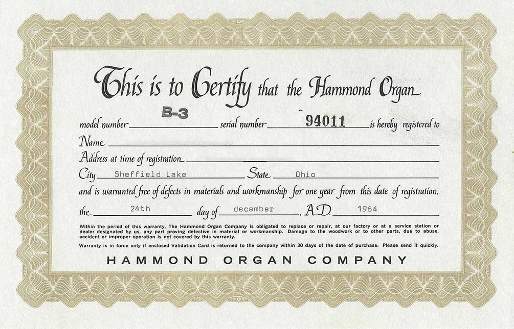 Hammond Organ Original Paperwork